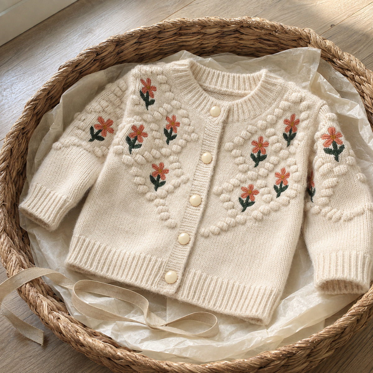 Beige girls cardigan arranged as a gift