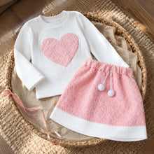 Girls Pink Heart Top and Textured Skirt Set, 2-Piece Back to School Outfit