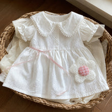 Girls Peter Pan Collar Summer Dress with Flower Pocket, Pink or White