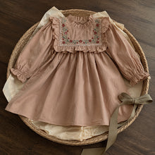 Girls Embroidered Ruffle Bib Cotton Dress, Long Sleeve Back to School Style