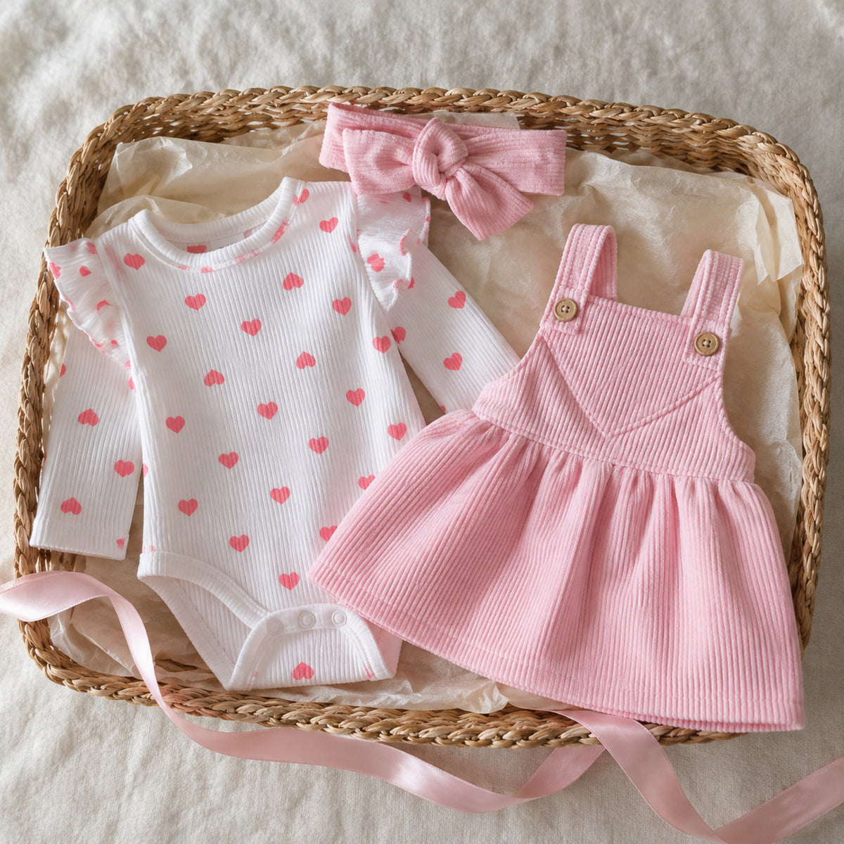 Baby heart romper and pinafore dress gift arrangement