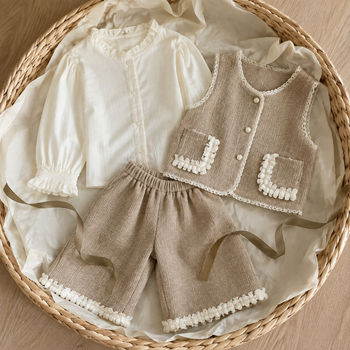 Khaki vest ivory blouse and pants gift arrangement