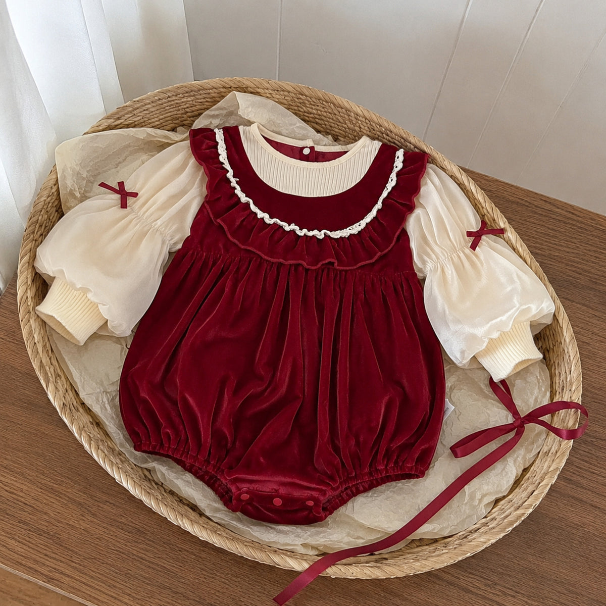 Red velvet look baby romper gift arrangement