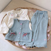 Girls Denim Vest, Lace Collar Blouse and Wide-Leg Pants, 3-Piece Back to School Outfit