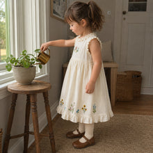 Girls Ivory Floral Embroidered Cotton Dress, Sleeveless Ruffle Hem
