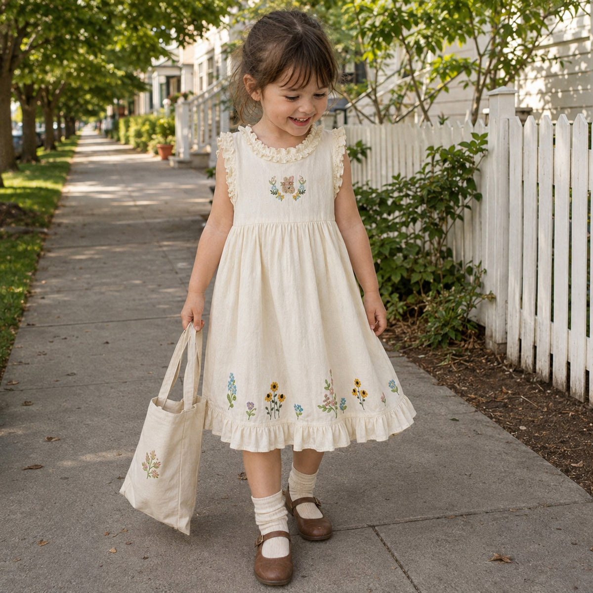 Girls Ivory Floral Embroidered Cotton Dress, Sleeveless Ruffle Hem — independent outdoor everyday view
