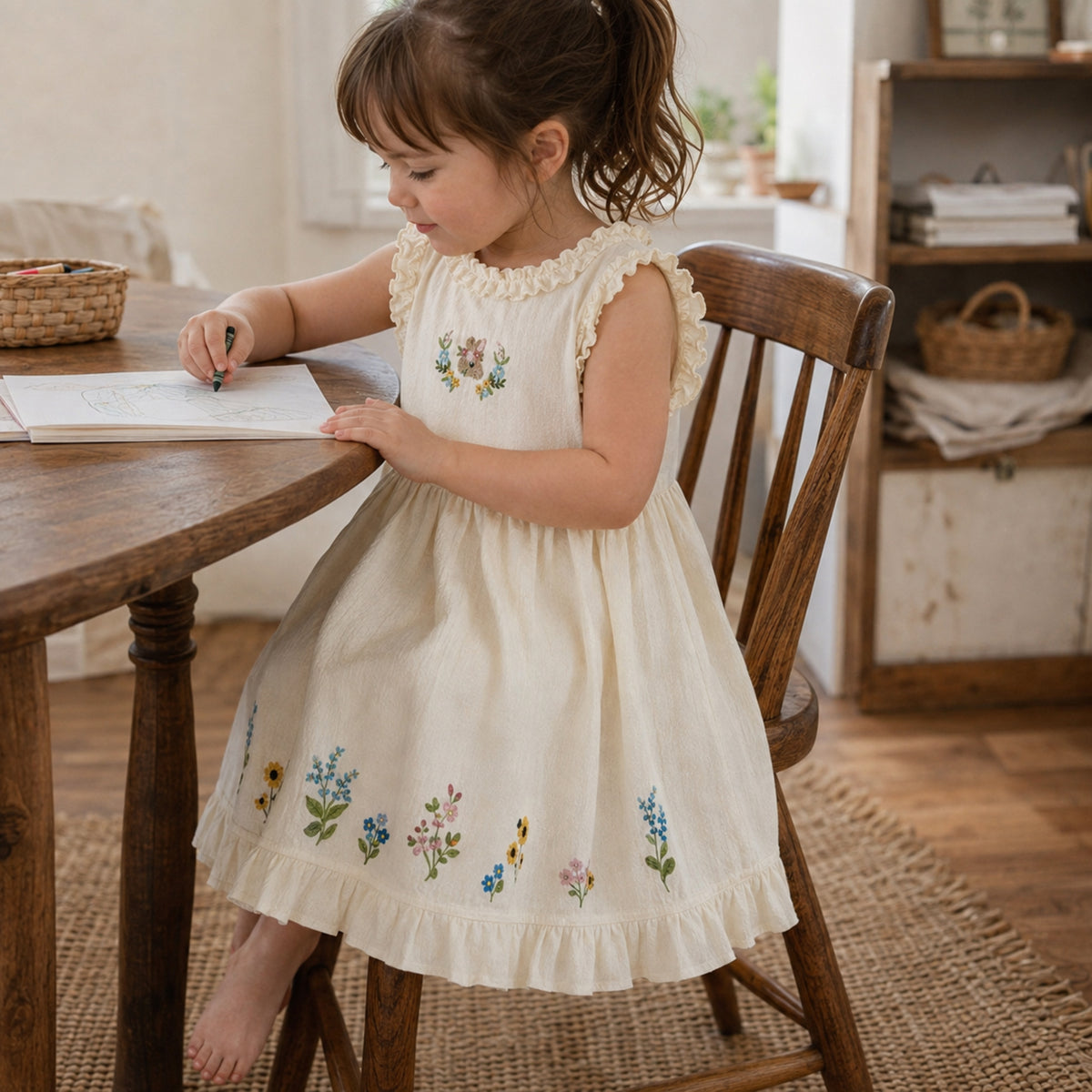 Girls Ivory Floral Embroidered Cotton Dress, Sleeveless Ruffle Hem — independent seated everyday view