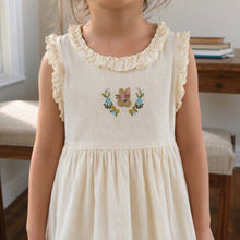 Girls Ivory Floral Embroidered Cotton Dress, Sleeveless Ruffle Hem