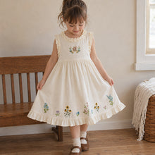 Girls Ivory Floral Embroidered Cotton Dress, Sleeveless Ruffle Hem