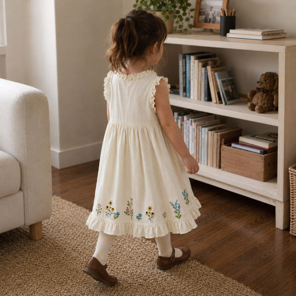 Girls Ivory Floral Embroidered Cotton Dress, Sleeveless Ruffle Hem — independent rear lifestyle view