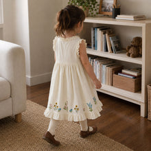 Girls Ivory Floral Embroidered Cotton Dress, Sleeveless Ruffle Hem