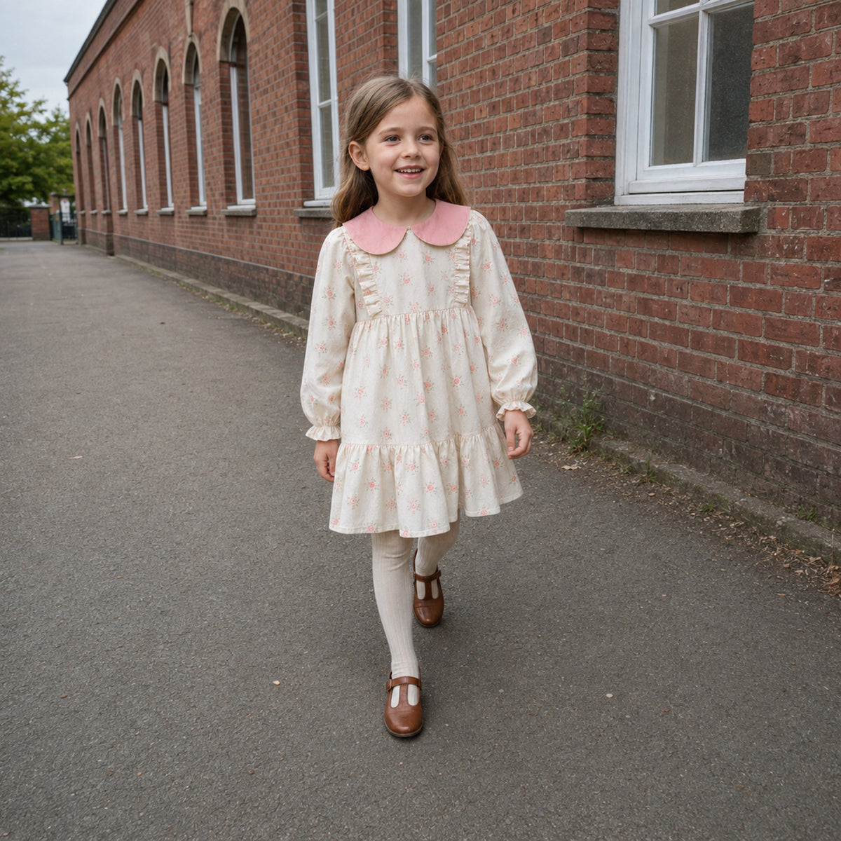 Girls Ivory Floral Dress with Pink Peter Pan Collar — alternate-age lifestyle view