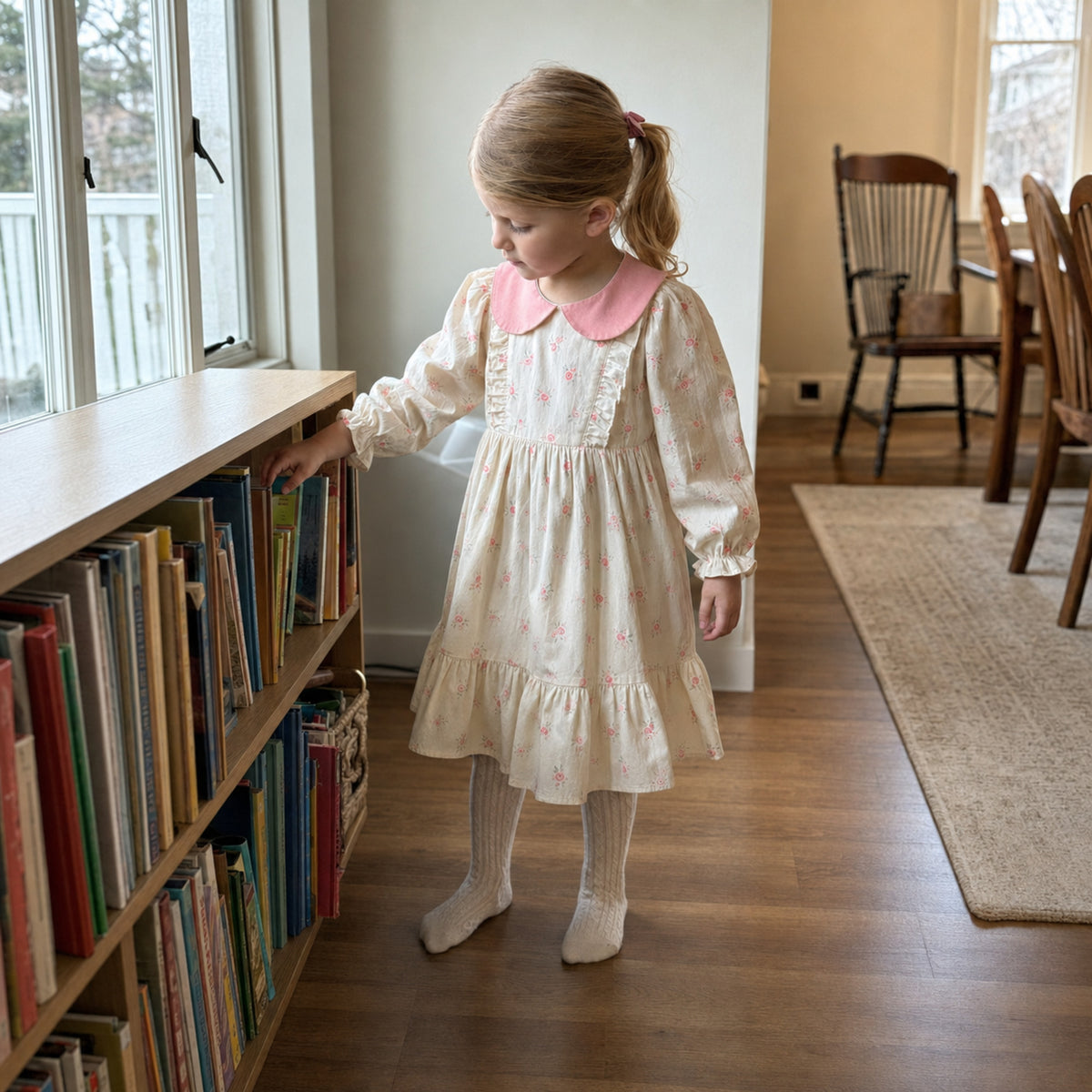 Girls Ivory Floral Dress with Pink Peter Pan Collar — candid everyday styling