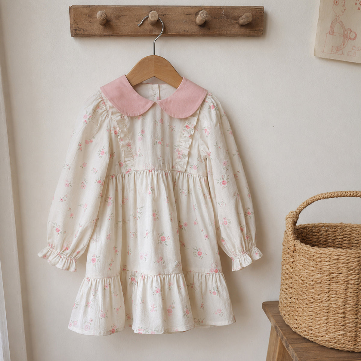Girls Ivory Floral Dress with Pink Peter Pan Collar — styled flat lay