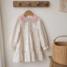 Girls Ivory Floral Dress with Pink Peter Pan Collar