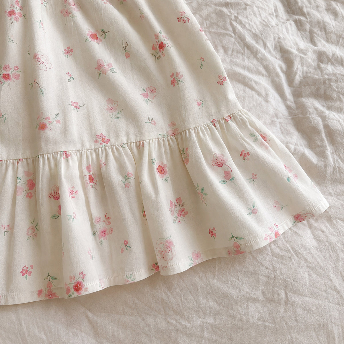 Girls Ivory Floral Dress with Pink Peter Pan Collar — back product view