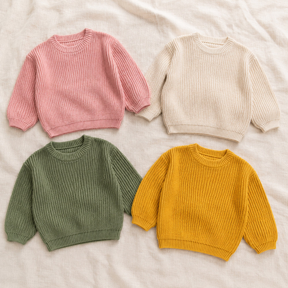 Kids Chunky Cotton Sweater, Textured Knit Pullover, 14 Colors