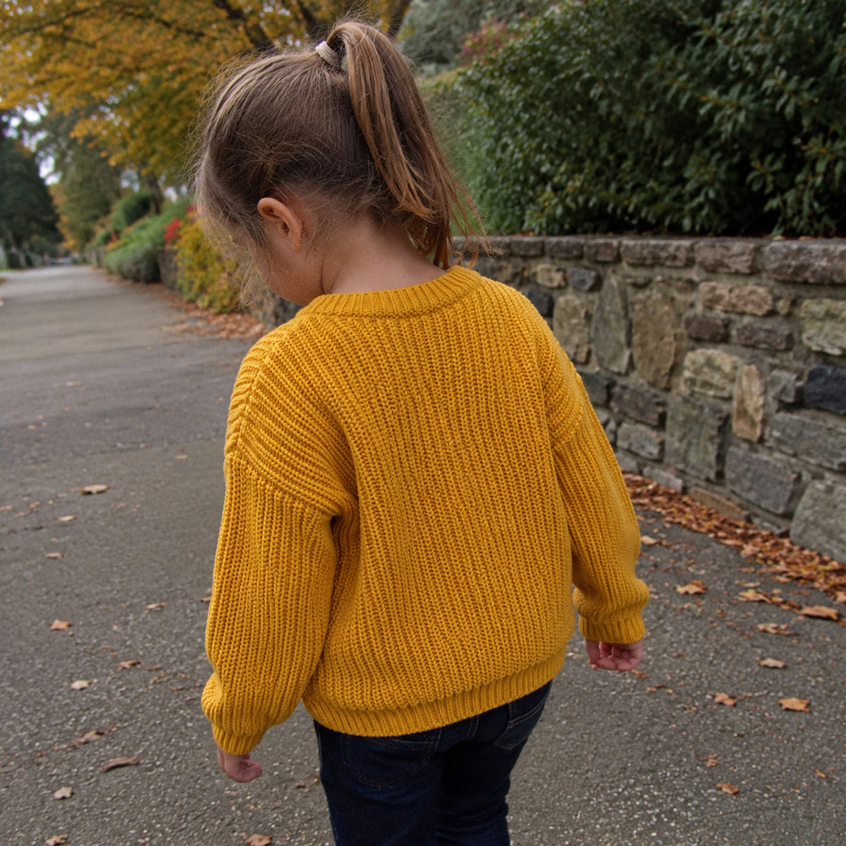 Kids' mustard chunky cotton knit pullover back fit outdoors