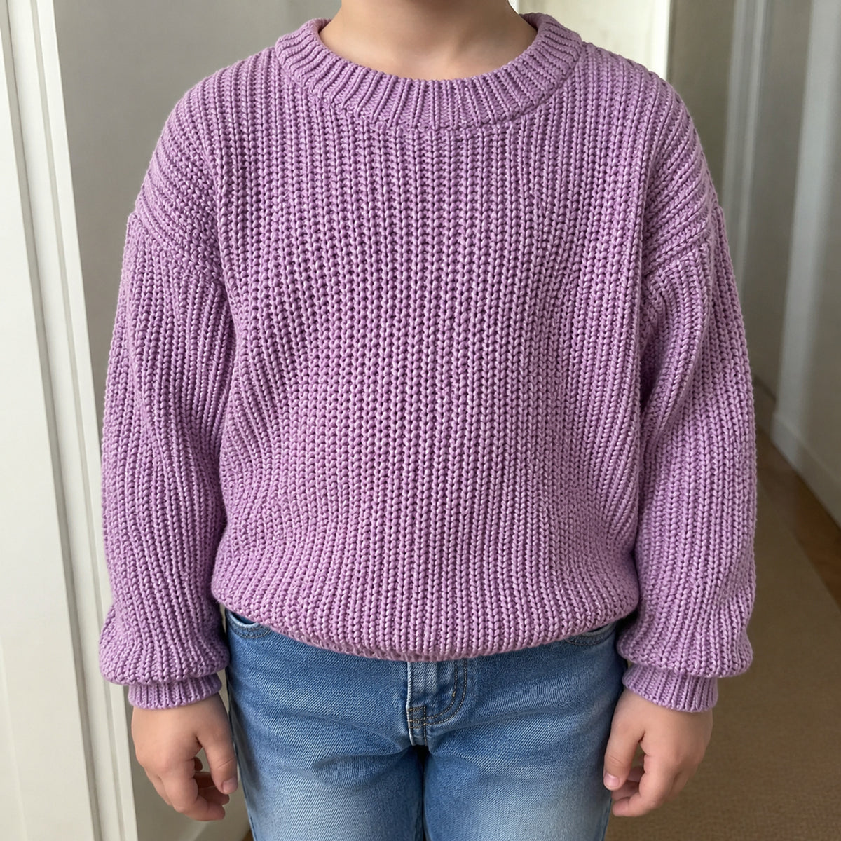 Kids' lavender chunky cotton knit pullover front fit