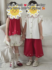 Girls Strawberry Cotton Top, Shorts or Pants, Red Ivory Separates