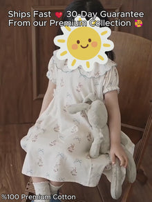 Girls Blue Bunny Cotton Dress, Scalloped Peter Pan Collar