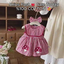 Baby Girl Red Gingham Romper Dress with Mushroom Embroidery, Cotton Sleeveless Summer Outfit, Cute Baby Shower Gift