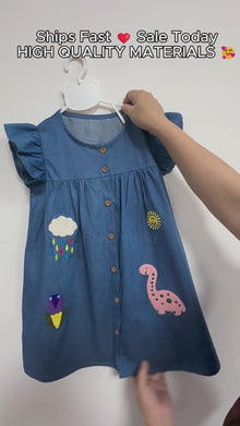 Girls Denim Dress with Ruffle Sleeves, Dinosaur and Weather Appliqué