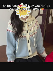Girls Retro Jacquard Hooded Cardigan, Yellow or Blue