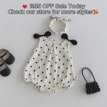 Baby Girl Cotton Romper Set, Black Heart Print, Summer Outfit with Headband