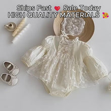 White Lace Baby Romper Dress, Long Sleeve Christening Outfit with Matching Bonnet