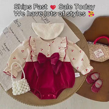 Baby Burgundy Velvet Romper with Cherry Print Top and Big Bow, Holiday Outfit