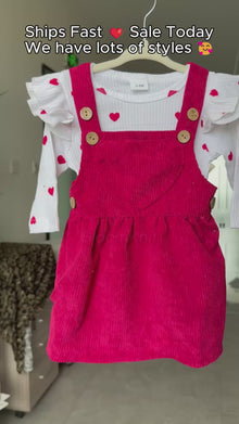 Baby Girl Heart Romper and Corduroy Pinafore Dress Set with Bow Headband