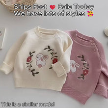 Girls Floral Bunny Embroidered Knit Sweater, Cream or Pink Fall Pullover