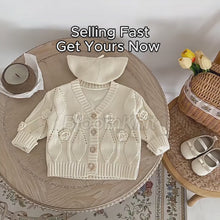 Baby Girl Cotton Cardigan, Floral Embroidered Knit Sweater, Wooden Buttons, Infant Toddler Outfit