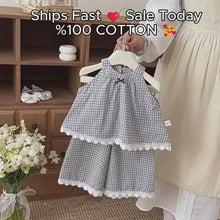 Baby Girl Plaid Two Piece Set, Cotton Sleeveless Top Shorts, Lace Trim Korean Toddler