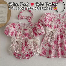 Girls Raspberry Toile Baby Romper or Puff-Sleeve Dress with Lace Bow