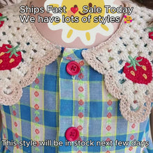 Baby Blue Gingham Romper Dress with Crochet Strawberry Collar and Red Bows
