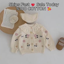 Cream Cotton Baby Girl Knit Outfit: Floral Embroidered Cardigan, Romper or Vest
