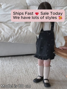 Girls Ivory Ruffle Blouse or Black Bow Denim Suspender Shorts Romper, Fall Separates