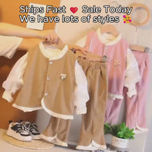 Girls Vintage Ruffle Top, Pinafore & Pants Three-Piece Set, 6 Colors