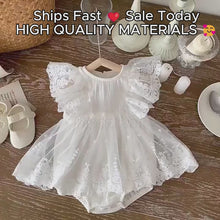 White Lace Baby Romper Dress with Flutter Sleeves and Embroidered Cotton Skirt