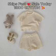 Hand Knotted Apricot Cream Knit Baby Shorts Set, Unisex Toddler Summer Outfit, Cotton Bow Detail