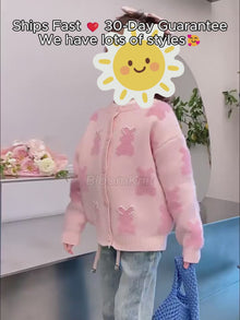 Girls Pink Bunny Knit Cardigan with Pearl Bead Details