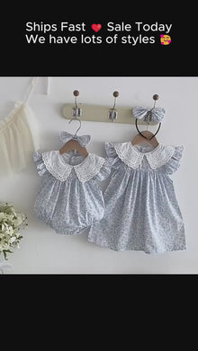 Baby & Girls Blue Floral Eyelet-Collar Romper or Dress with Headband