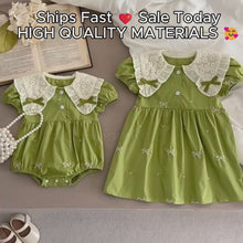 Green Embroidered Baby Romper or Dress with Ivory Lace Collar and Long Sleeves