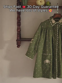 Girls Olive Cotton Dress, Floral Embroidered Pinafore or Long Sleeve Style