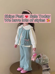 Girls Denim Vest, Lace Collar Blouse and Wide-Leg Pants, 3-Piece Back to School Outfit