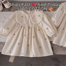 Baby Girl Cotton Dress, Peter Pan Collar, Butterfly Embroidery, Long Sleeve Toddler 1st Birthday