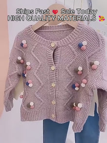 Girls Cable Knit Cardigan with 3D Pom Pom Flowers – Cotton Toddler Sweater