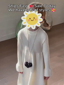 Girls Long-Sleeve Ribbed Knit Midi Dress, Cozy Neutral Fall Sweater Dress